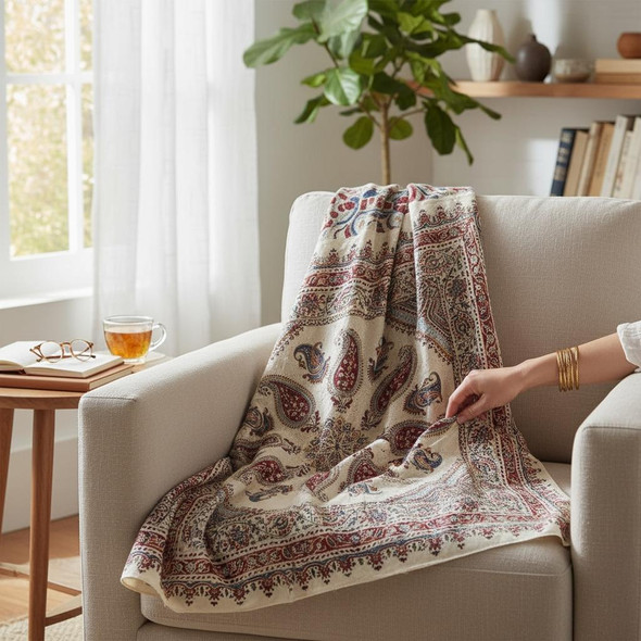 An authentic Isfahan Ghalamkari tablecloth used in a rustic kitchen setting with ceramic pottery.