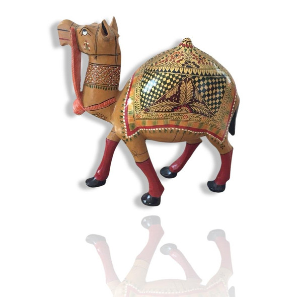 A detailed 23x23x7 cm wooden camel figurine, meticulously hand-painted with intricate assorted patterns and traditional desert motifs.