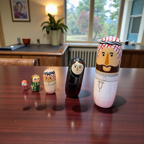 A set of five hand-painted wooden nesting dolls depicting an Arabian family in traditional Kandura and Abaya.