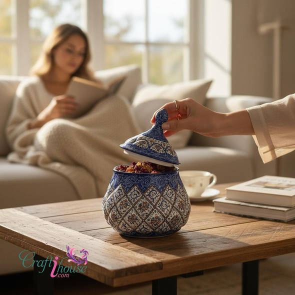 A Persian Minakari candy bowl placed on a wooden coffee table, reflecting light off its glossy surface