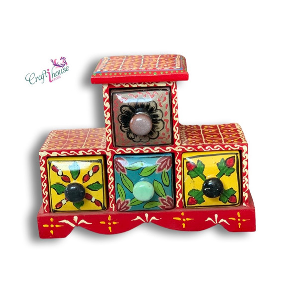 Wooden 4 Drawers Emboss Painted Jewelry Box/ Spice Box | Handcrafted Ceramic Storage Piece | Luxury Kitchen Accessory - Luxury Handcrafted Art Craftihouse Dubai
