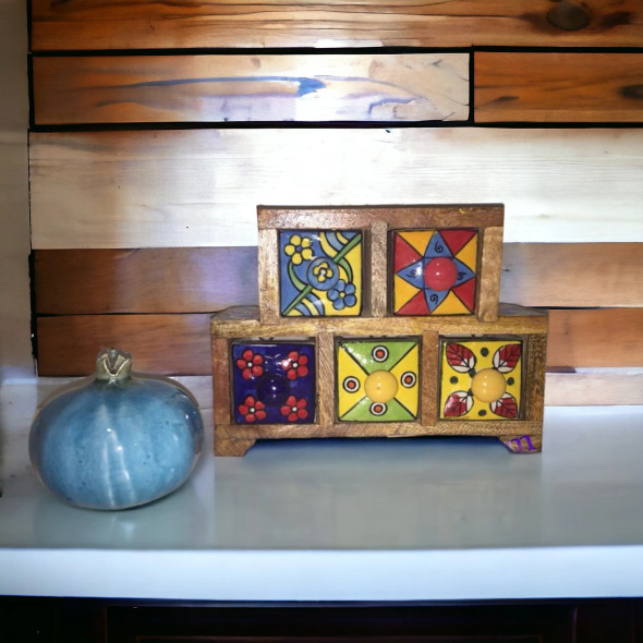 Indian Painted 5 Drawer Chest Assorted Pattern Wooden- Spice Box Handmade 5 Drawers Storage Boxes Kitchen | Boutique Quality Ceramic Ware | Artistic Heritage Decor - Luxury Handcrafted Art Craftihouse Dubai