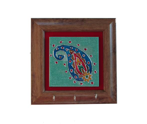 A beautiful 10x10cm hand-painted paisley tile mounted in a wooden frame with hooks, making it a perfect unique gift.