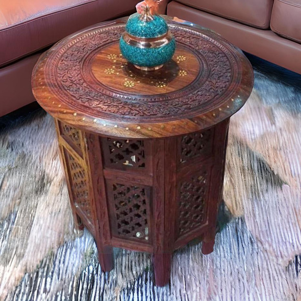 Hand carved wooden-brass round coffee table ,  a handmade furniture for your home