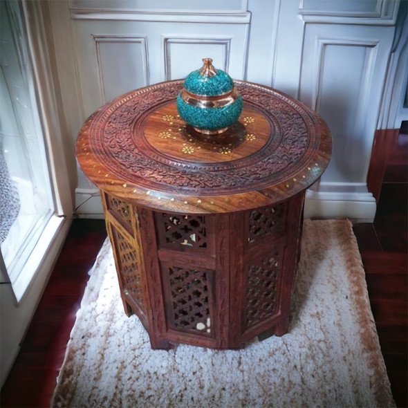 Hand carved wooden-brass round coffee table ,  a handmade furniture for your home