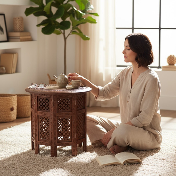 Hand carved wooden-brass round coffee table ,  a handmade furniture for your home