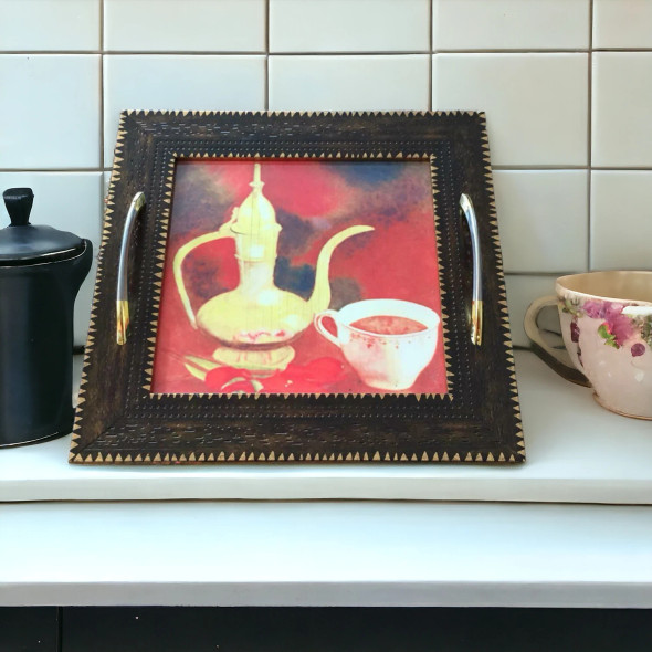 Square Wooden-ceramic Tea Serving Tray | Boutique Clay Wall Hanging | Unique Middle Eastern Decor - Luxury Handcrafted Art Craftihouse Dubai