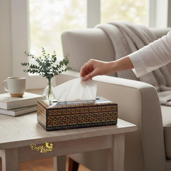 Artistic marquetry wooden tissue box for table décor