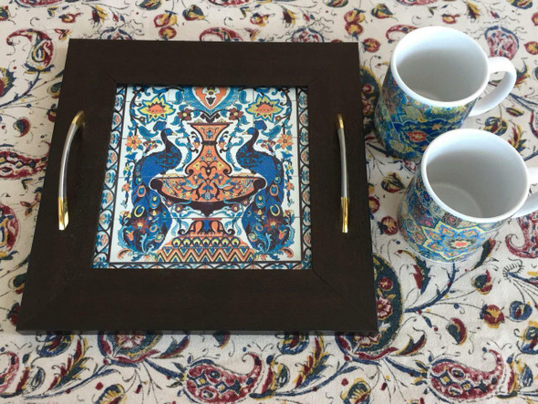 Awesome Square Wooden-ceramic Tea Serving | Boutique Clay Wall Hanging | Unique Middle Eastern Decor - Luxury Handcrafted Art Craftihouse Dubai
