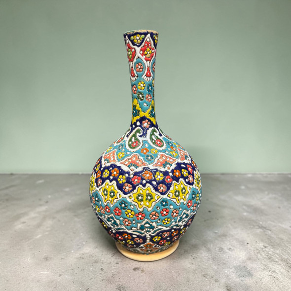 A premium 28 cm textured enamel ceramic vase titled "The Azure Bloom" featuring handcrafted Minakari floral patterns.