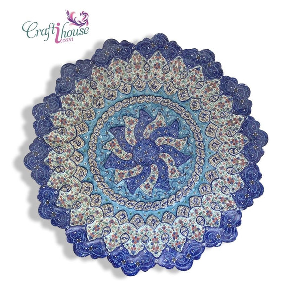 A premium 30 cm hand-painted Meenakari copper plate titled "The Azure Whirl" featuring vibrant blue and white spiral floral enamel patterns.