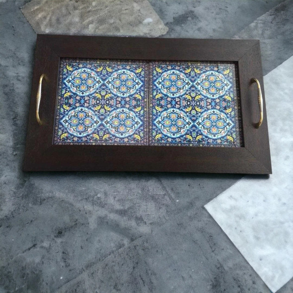 Blue Pattern Wooden-ceramic Tea Serving | Artisan Home Decor Piece | Unique Middle Eastern Art - Luxury Handcrafted Art Craftihouse Dubai