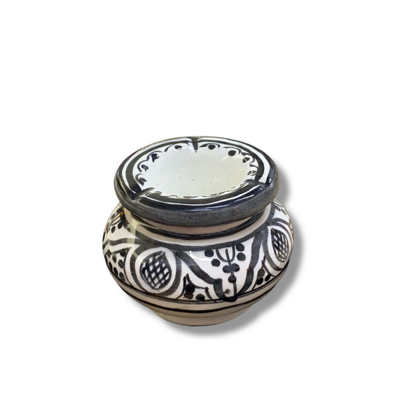 Handcrafted Moroccan ceramic ashtray black and white traditional design 7cm