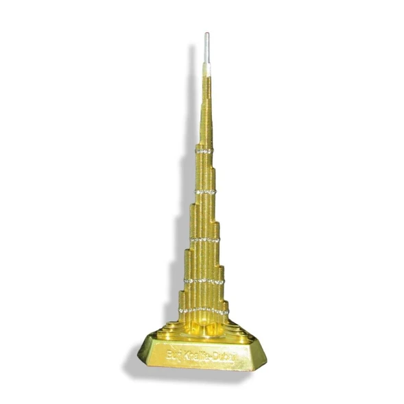 A close-up view of the 18 cm Burj Khalifa metal statue, highlighting the intricate design and structural accuracy of the iconic skyscraper.
