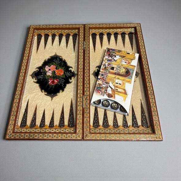 A full view of the luxury hand-painted Persian chess board featuring bird and flower miniature motifs on a black background.