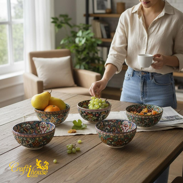 Exclusive Handcrafted Colorful Hand-Enamel Painted Clay Fruit Bowl - 1piece assort... Fine Craftsmanship Detail