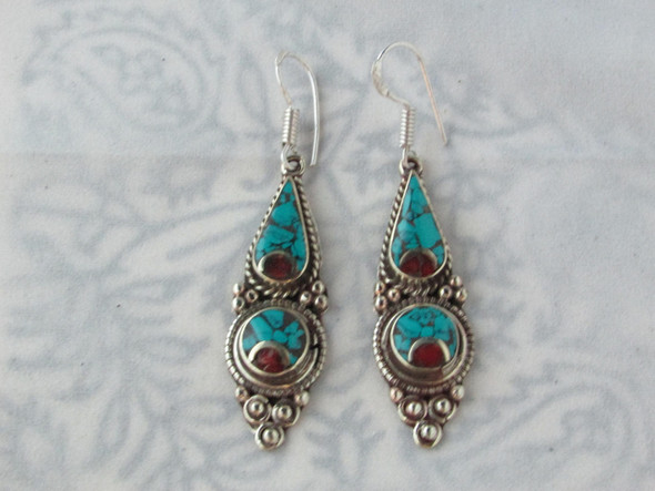 Luxury Nepal Tibet Turquoise & white mix Silver Drop shape Earrings , Bohemian Native inspired Tribal Ethnic dangle Earrings Premium Design Showcase
