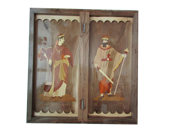 An open Persian backgammon set featuring a hand-painted miniature polo scene and intricate Khatam-kari borders