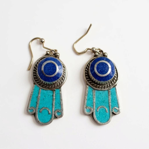 Luxury Handmade Tribal Earrings – Nepal Tibet Dangle Earrings with Lapis & Turquoise | Boho Ethnic Jewelry Premium Design Showcase