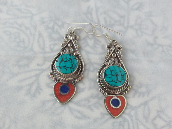 Luxury Nepal Tibet Turquoise & white mix Silver Earrings.Tribal Ethnic dangle Earrings Premium Design Showcase
