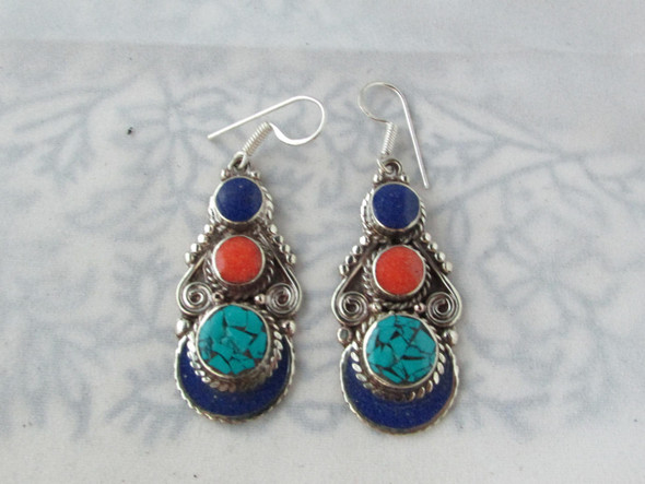 Luxury Nepal Tibet Turquoise & white mix Silver Earrings. Premium Design Showcase