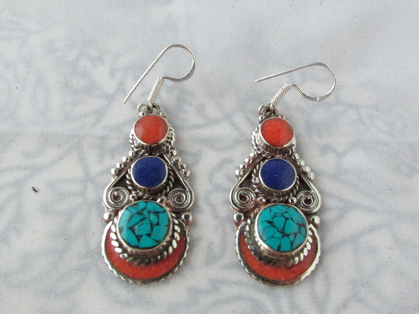 Luxury handmade Nepal Tibet Turquoise & white mix Silver Earrings.. Premium Design Showcase