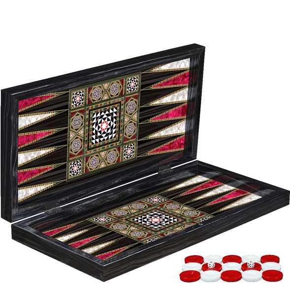 A high-quality Turkish backgammon board with a glossy polyester finish and printed marquetry design