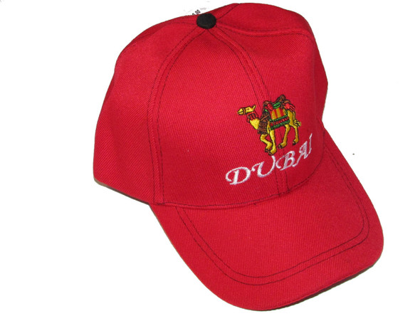 A stylish red souvenir cap that celebrates Dubai's desert heritage through vibrant design and quality embroidery.