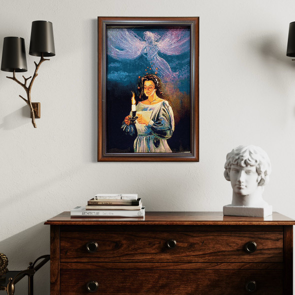 The framed tapestry displayed, showcasing the high-quality framing and the detailed woven illustration of the angel and maiden.