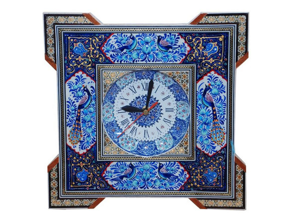A premium 30.5 cm square handmade Khatamkari wall clock featuring intricate brass and wood marquetry patterns.