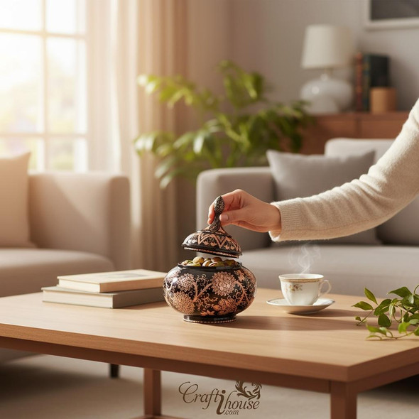 Engraved copper sugar bowl