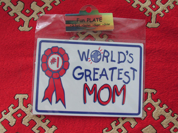 A vibrant 11x9 cm horizontal aluminum fridge magnet featuring a 'World's Greatest Mom' design with a #1 award ribbon and playful typography.