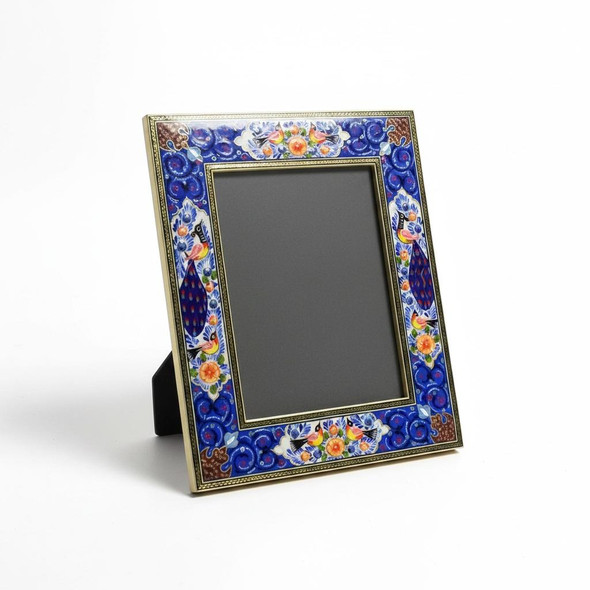 A premium 34x28 cm hand-painted Khatamkari wooden table mirror titled "The Nightingale’s Gaze" featuring vibrant blue and floral motifs.