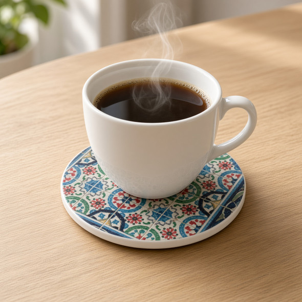 A detailed close-up highlighting the fine mosaic grid work, circular geometric rosettes, vivid cobalt blue and emerald green hues, and smooth glazed ceramic finish of the 9 cm coaster.
