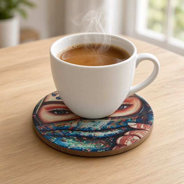 A professional lifestyle presentation shot of the round 9 cm ceramic veiled beauty coaster resting on a clean white backdrop.