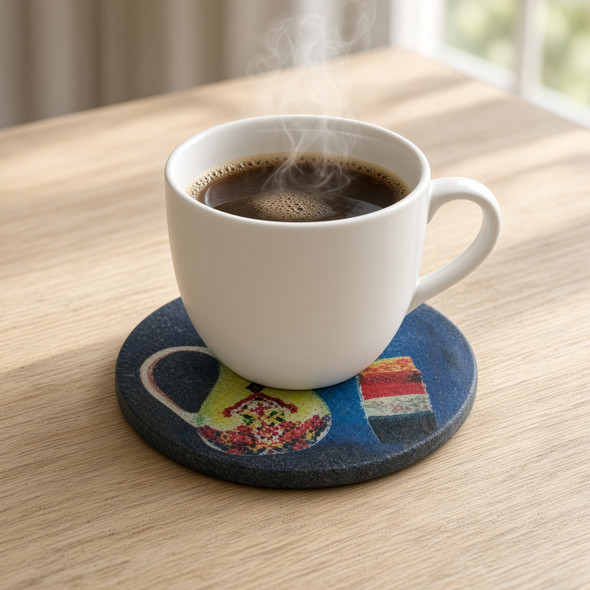 A professionally presented 9 cm round printed ceramic coaster featuring a traditional Arabic Dallah coffee pot and a stack of colorful traditional cups against a deep night-blue starry background.