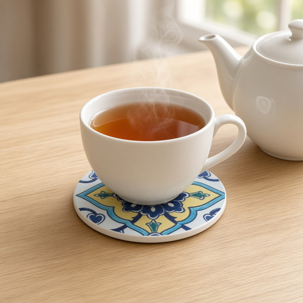 A detailed close-up highlighting the intricate blue floral medallion, yellow background accents, and smooth glazed ceramic finish of the 9 cm coaster