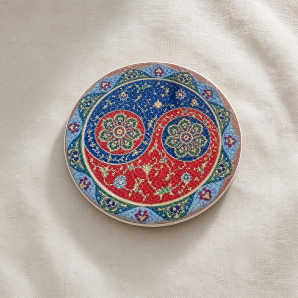 An exclusive Craftihouse 9 cm printed ceramic coaster designed to blend harmonious dualist philosophy with traditional oriental illumination art for luxury tabletop settings.