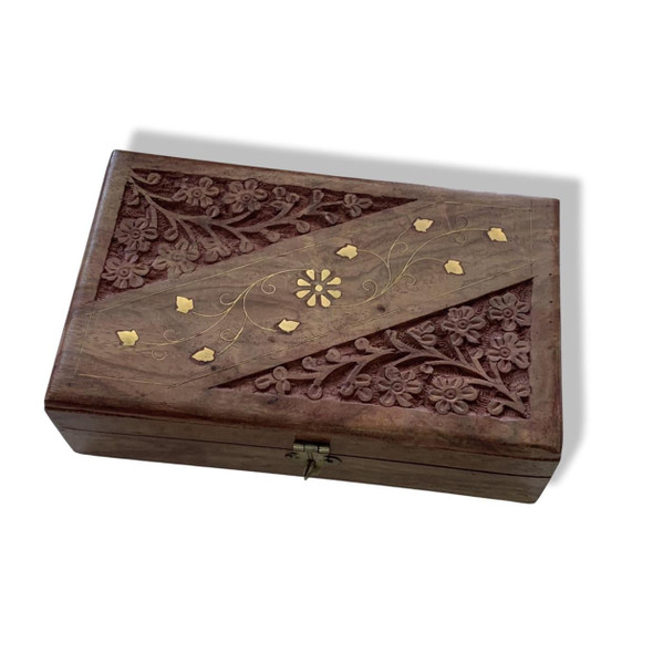A detailed close-up highlighting the precision brass inlay, rich natural wood grain, and traditional craftsmanship of the storage box.