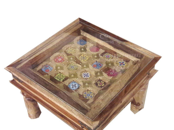 Exclusive Solid Wooden Table With Tiles Handmade Light Brown Solid Wood Coffee Table 60x60 Cm Fine Craftsmanship Detail