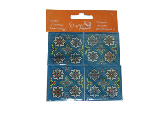 A collection of four 4x4 cm ceramic fridge magnets displaying vibrant Persian geometric tile patterns