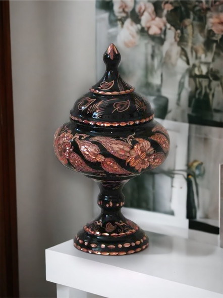 A premium 15 cm engraved copper pedestal candy bowl featuring a matte black finish and rose-gold floral Mes Pardaz patterns.