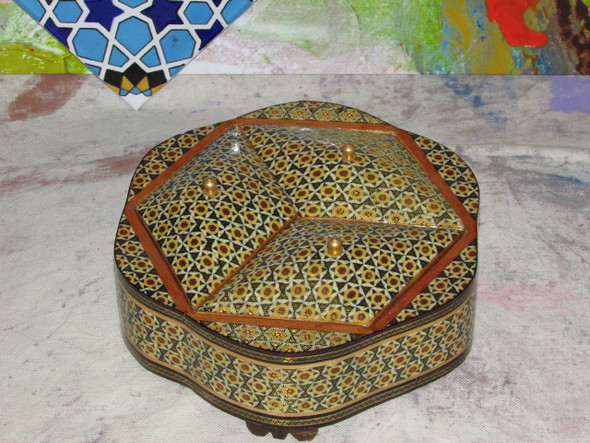 A large, rectangular Khatamkari inlaid wooden chocolate box featuring complex floral and star-shaped marquetry.