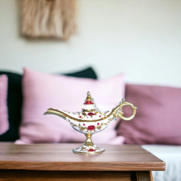 Luxury Pearl of Arabia 120mm White Magic Lamp | Zinc Alloy Aladdin Genie Lamp | Ornate White & Gold Dubai Souvenir | 5-Inch Tall Heritage Decor | Luxury Islamic Art Gift Premium Design Showcase