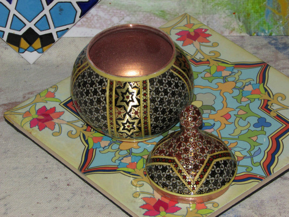 A premium Khatamkari inlaid copper sugar bowl from Craftihouse, blending traditional Persian art with modern functionality.