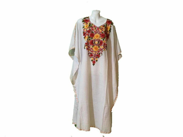 Luxury Women's White Floral Embroidered Long Cotton Kaftan Maxi Dress Free size Premium Design Showcase