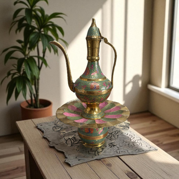 Washing Hand Pitcher & Bowl – 11 Inch Minakari Painted Brass Jug & Plate Set | Vintage-Style Decorative Ablution & Hand Washing Set