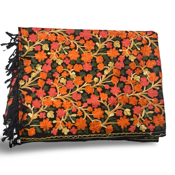 Luxury Stunning Black floral pattern  Embroidered Shawl , handmade silk embroidered on cotton Premium Design Showcase