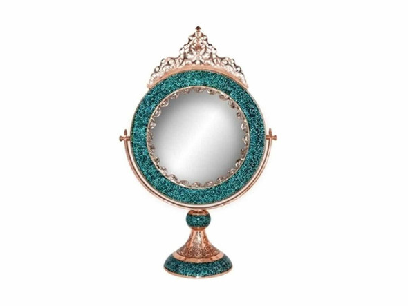 A premium 60 cm handmade turquoise inlaid copper pedestal mirror featuring intricate Firoozeh Koobi stone patterns and a polished copper finish.