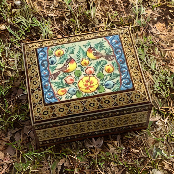 wooden Jewelry Box , Khatamkari hand painted jewelry box  , Persian Bird and flower painted box 